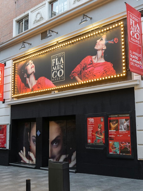 Teatro Flamenco Madrid exterior with promotional posters and signage.