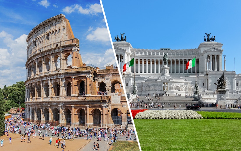 Colosseum and Altare della Patria in Rome, Italy, with tourists exploring the sites.