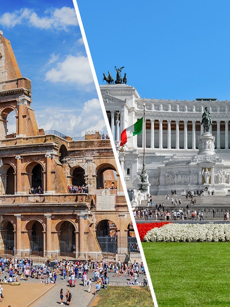 Colosseum and Altare della Patria in Rome, Italy, with tourists exploring the sites.