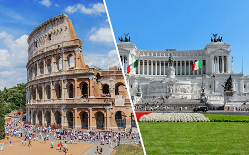 Colosseum and Altare della Patria in Rome, Italy, with tourists exploring the sites.
