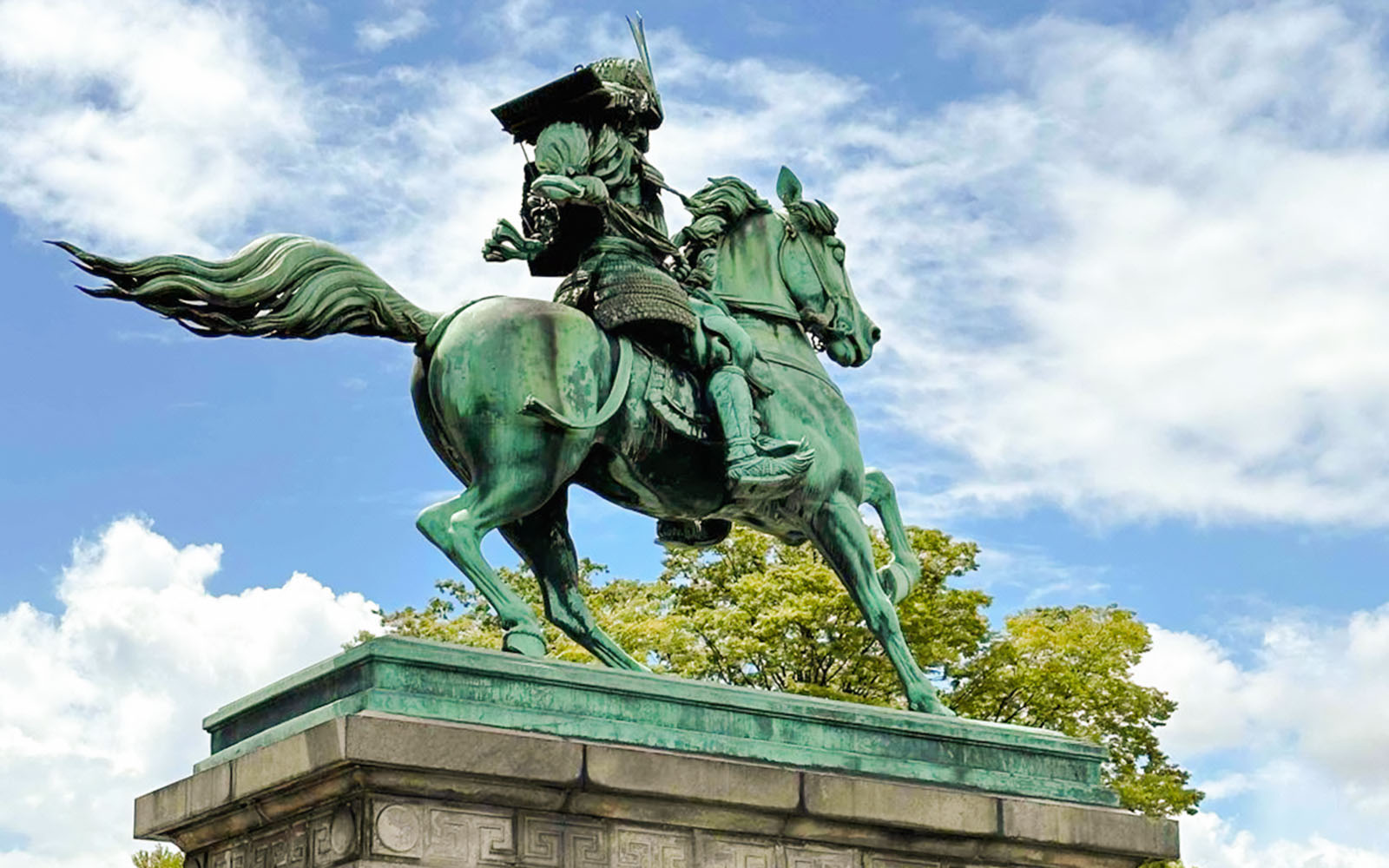 Statue of Kusunoki Masashige on horseback in Kokyo Gaien National Garden, Tokyo.