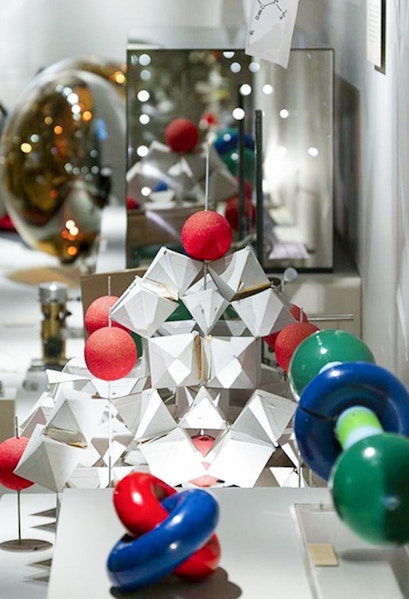 Geometric models and molecular structures on display at the Nobel Prize Museum.