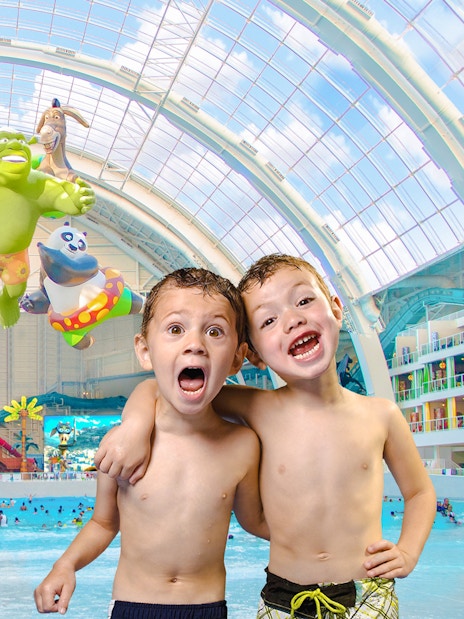 Kids enjoying the Forbidden Waters pool at American Dream DreamWorks Water Park.