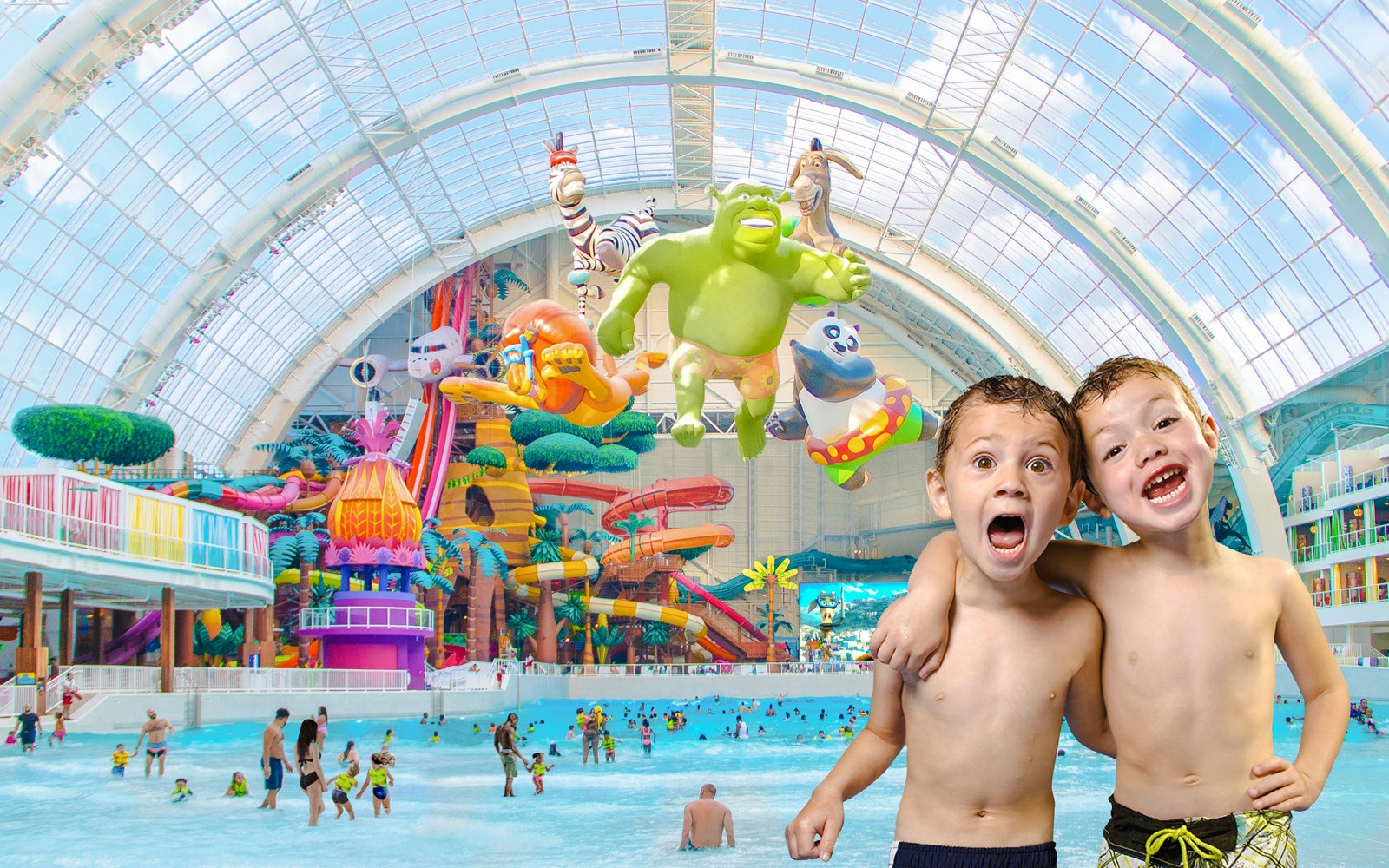 Kids enjoying the Forbidden Waters pool at American Dream DreamWorks Water Park.
