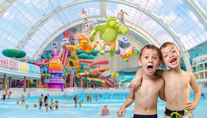 Kids playing at Forbidden Waters pool, American Dream DreamWorks Water Park, New Jersey.
