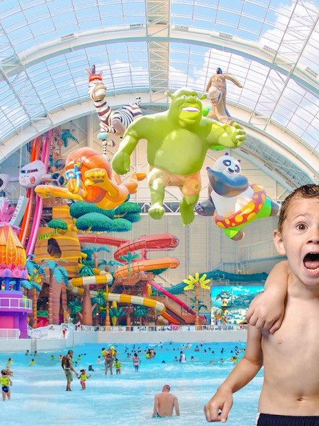 Kids enjoying the Forbidden Waters pool at American Dream DreamWorks Water Park.