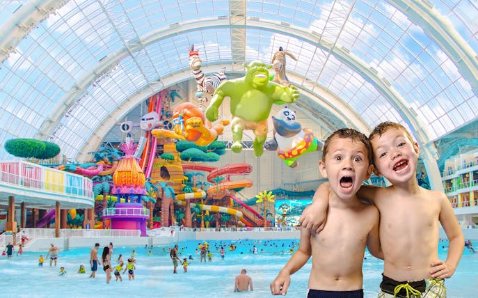 Kids enjoying the Forbidden Waters pool at American Dream DreamWorks Water Park.