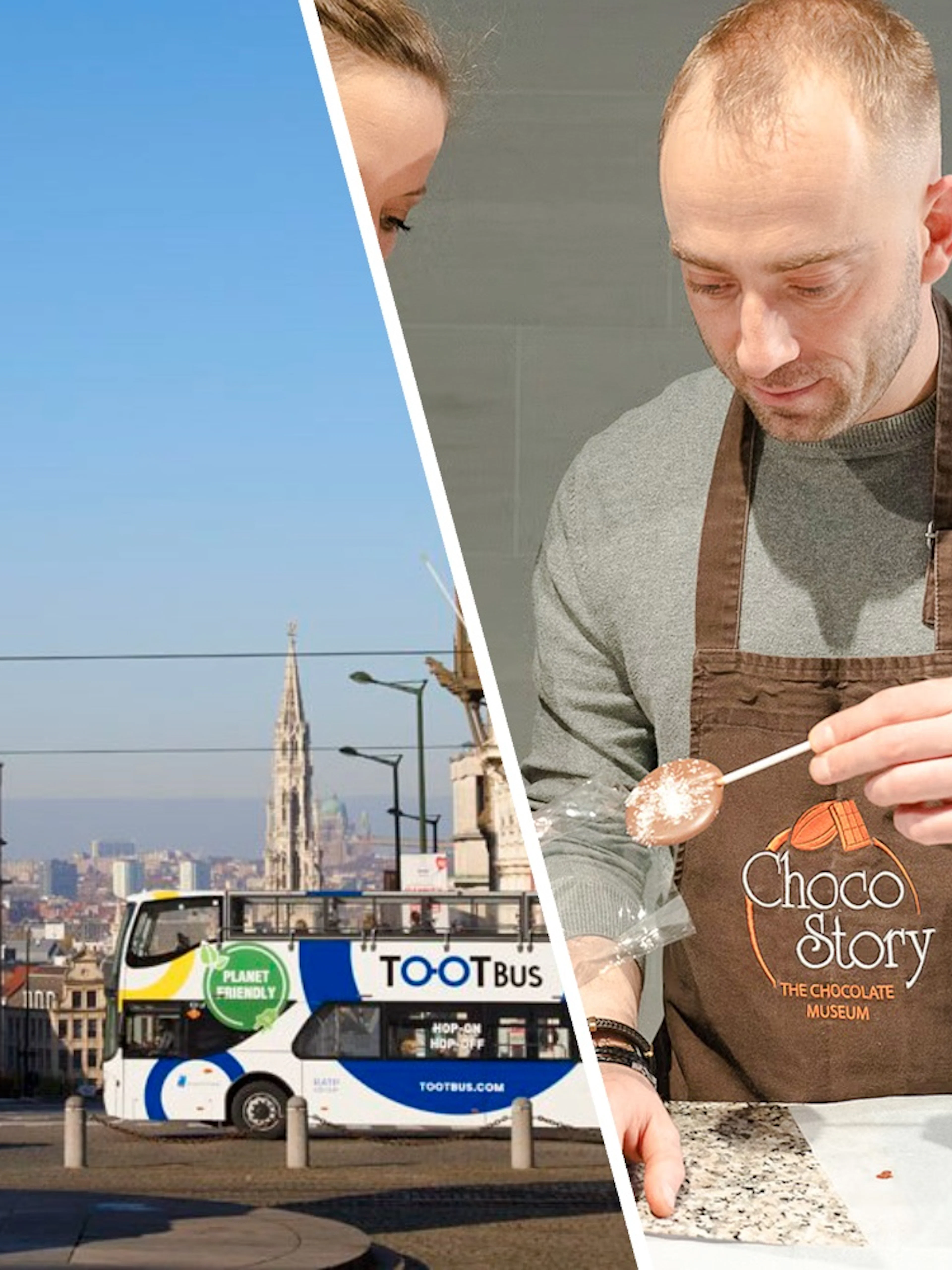 Tootbus in Brussels near statue, man making chocolate at Choco Story Museum.