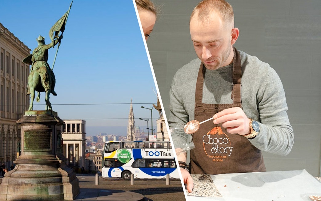 Tootbus in Brussels near statue, man making chocolate at Choco Story Museum.