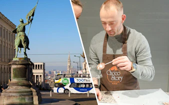 Tootbus in Brussels near statue, man making chocolate at Choco Story Museum.