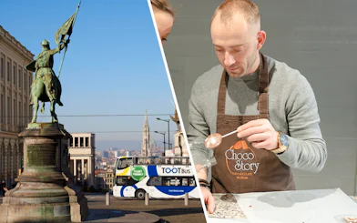Tootbus in Brussels near statue, man making chocolate at Choco Story Museum.