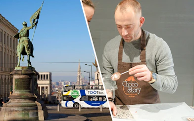 Tootbus in Brussels near statue, man making chocolate at Choco Story Museum.