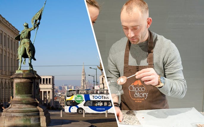 Tootbus in Brussels near statue, man making chocolate at Choco Story Museum.