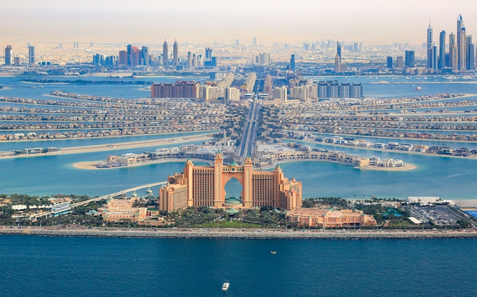 Aerial view of Atlantis Hotel on The Palm Jumeirah, Dubai.