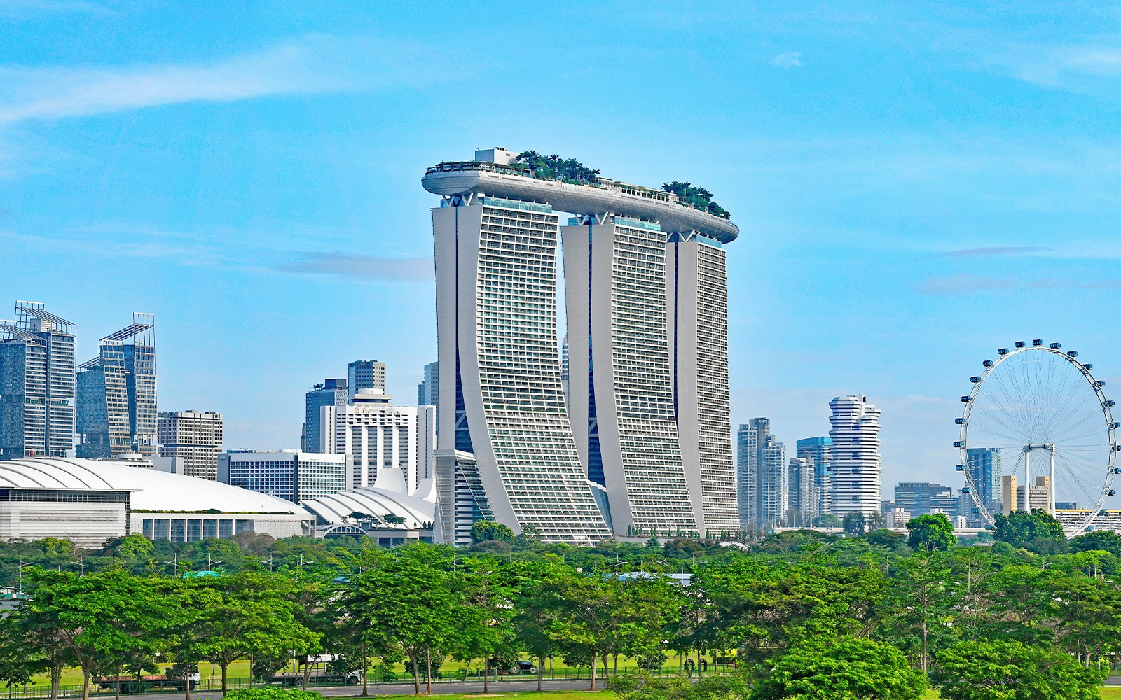 Marina Bay Sands rooftop infinity pool overlooking Singapore skyline.