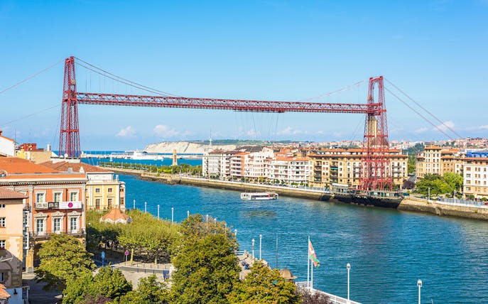 Bizkaia Bridge spanning the river in Getxo, view from Bilbao tour.