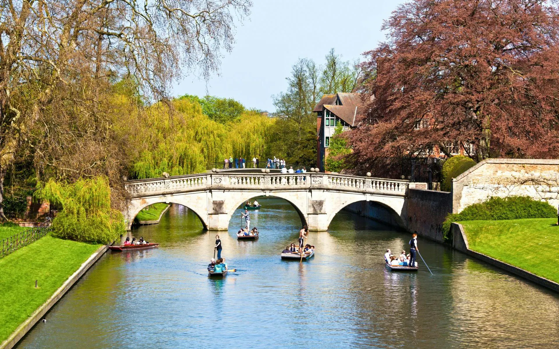 Punting on the River Cam under Clare Bridge at the University of Cambridge.