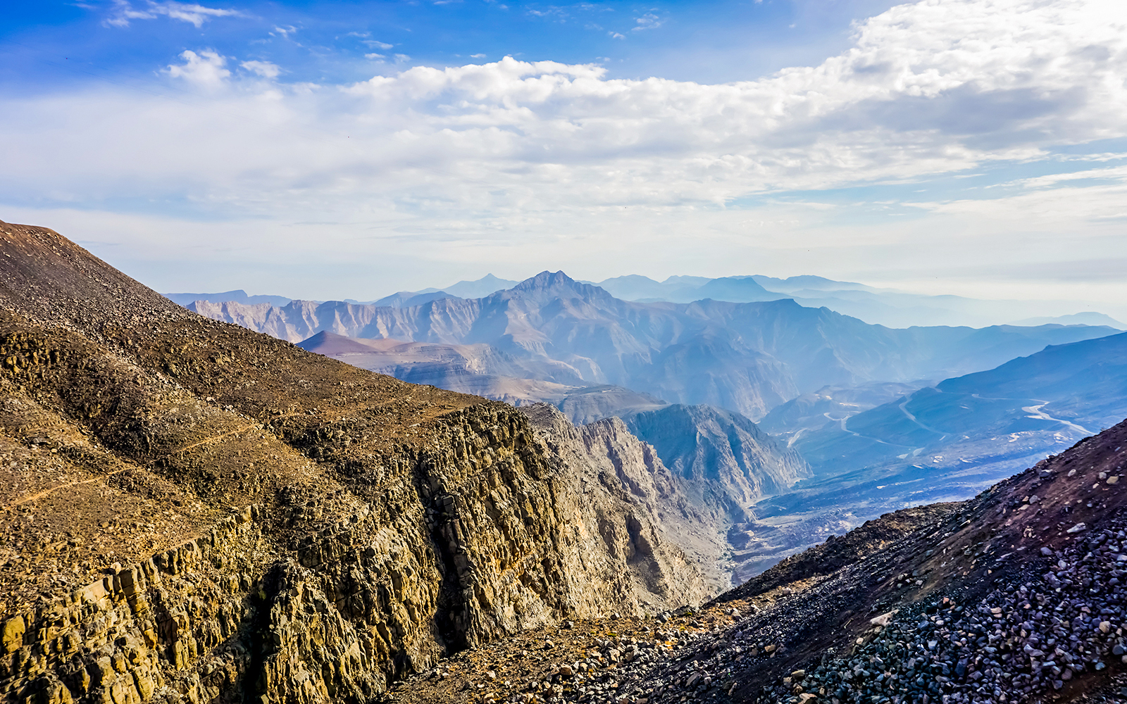 Jebel Jais mountain view from the summit in Ras Al Khaimah, UAE.