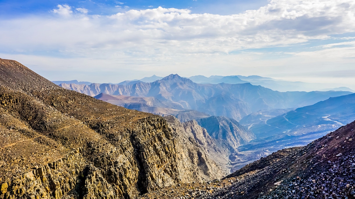Jebel Jais mountain view from the summit in Ras Al Khaimah, UAE.