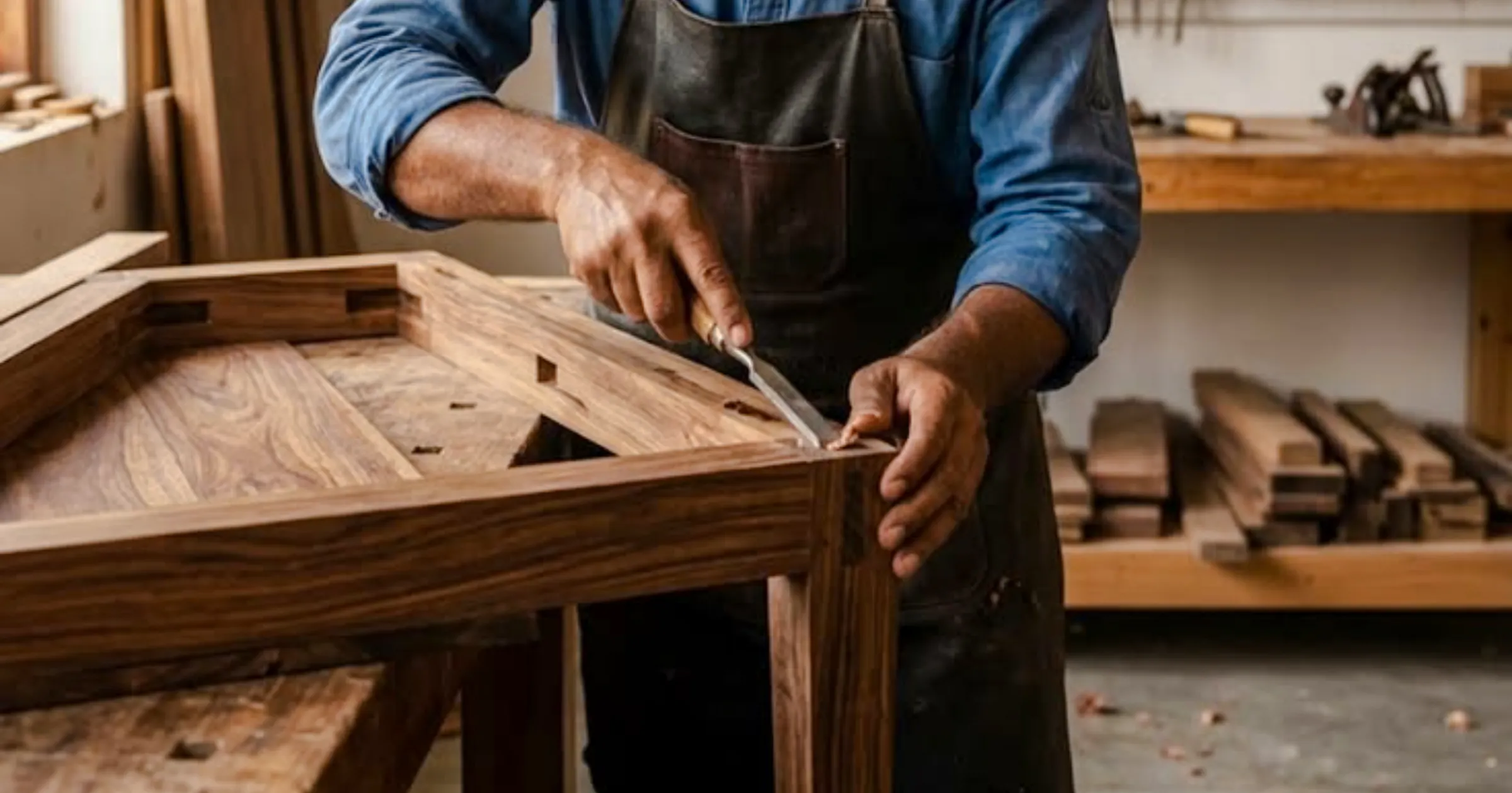 Craftsman carving wood at a workshop in Al Haouz, Marrakesh.