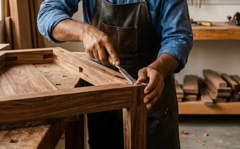 Craftsman carving wood at a workshop in Al Haouz, Marrakesh.