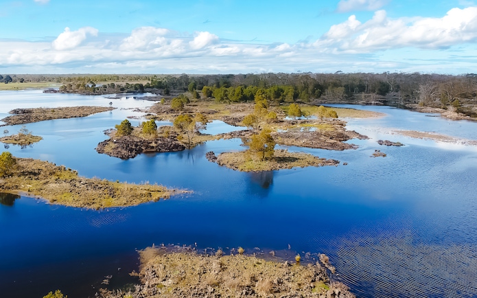 Wetlands landscape with scattered trees and water channels, Tae Rak Guided Cultural Walk.