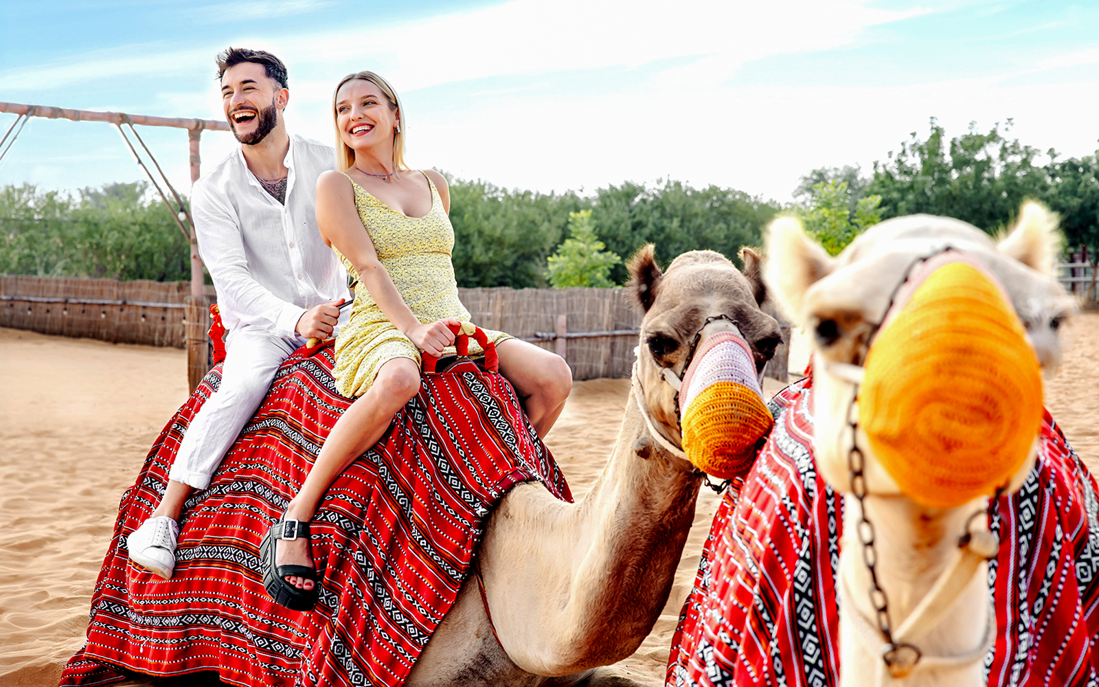 Couple riding camels in desert setting, part of hot air balloon tour with breakfast and quad biking.