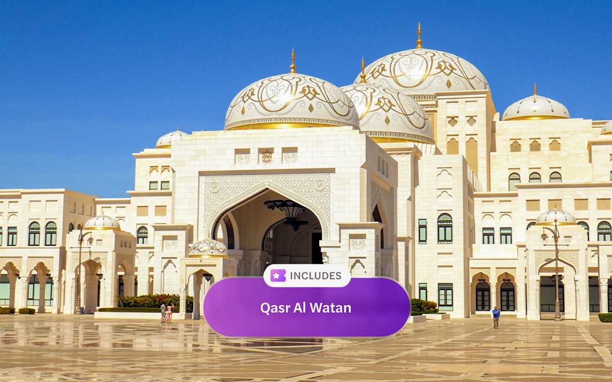 Qasr al Watan palace exterior with ornate domes in Abu Dhabi.