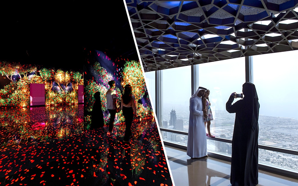 Visitors exploring ARTE MUSEUM Dubai and viewing cityscape from Burj Khalifa Levels 124 and 125.