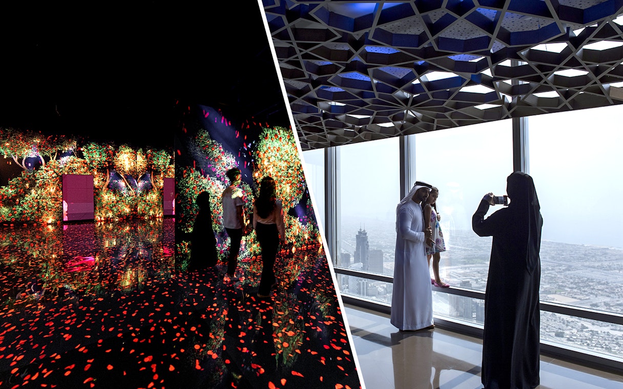 Visitors exploring ARTE MUSEUM Dubai and viewing cityscape from Burj Khalifa Levels 124 and 125.