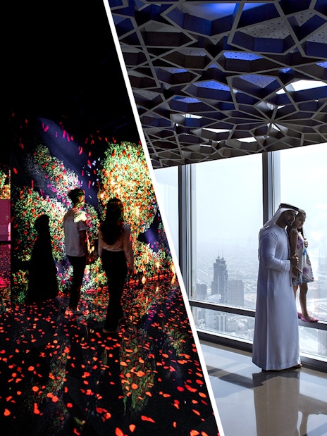 Visitors exploring ARTE MUSEUM Dubai and viewing cityscape from Burj Khalifa Levels 124 and 125.