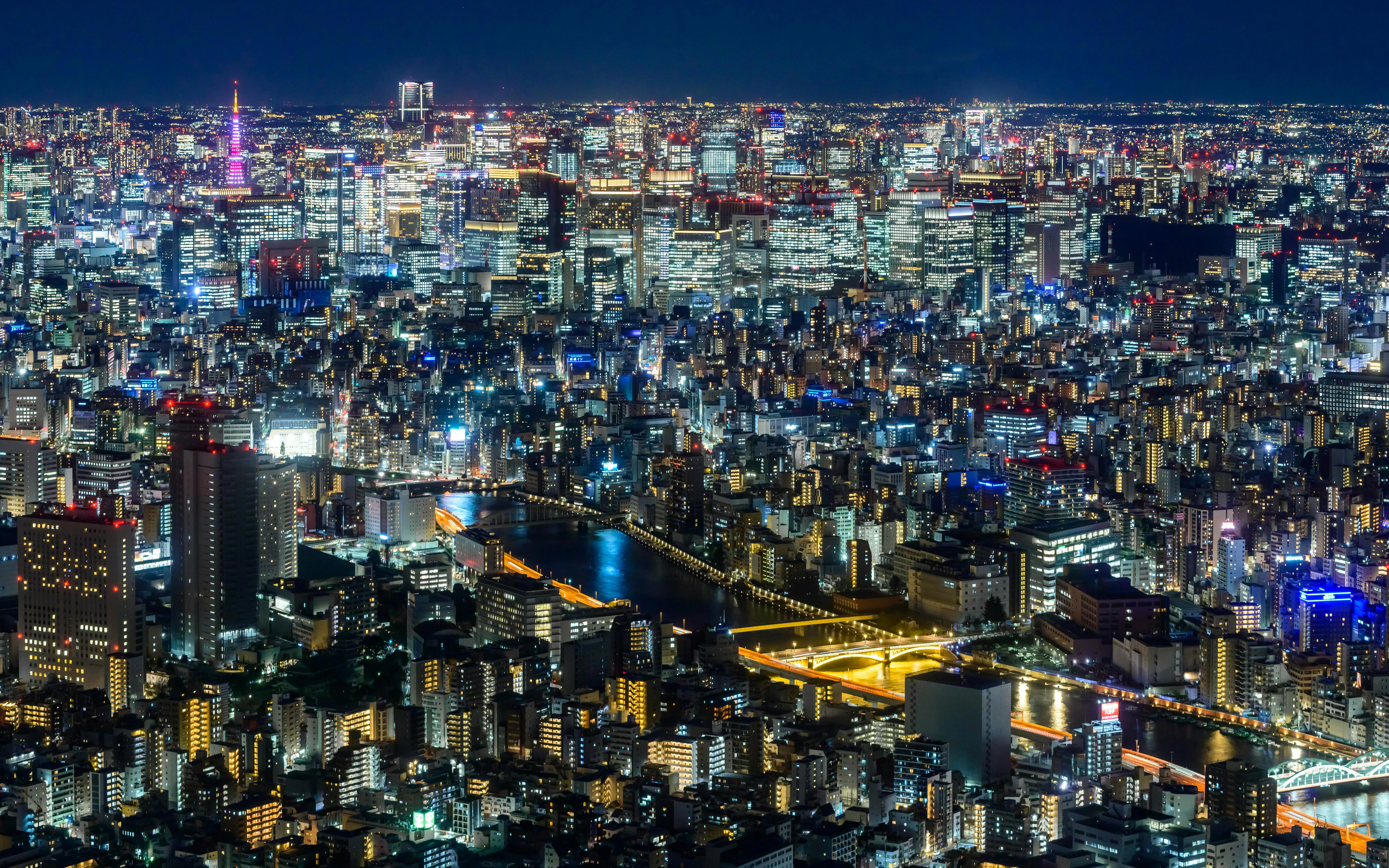 Tokyo cityscape illuminated at night from TOKYO SKYTREE Tembo Deck.