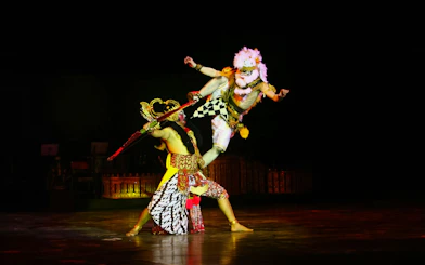 Performers in traditional costumes during Ramayana Ballet at Prambanan Temple, Indonesia.