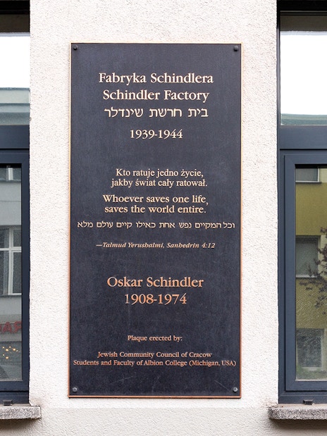 Oskar Schindler memorial plaque at Schindler Factory, Krakow, Poland.