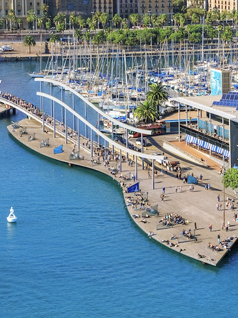 Aerial view of Barcelona's Port Vell with boats and promenade near Montjuic cable car station.