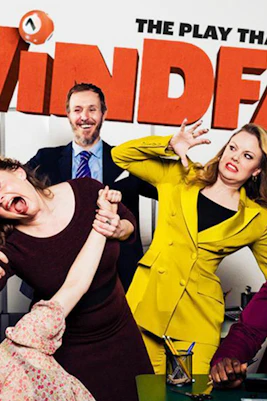 Cast of Windfall comedy play in a chaotic office scene