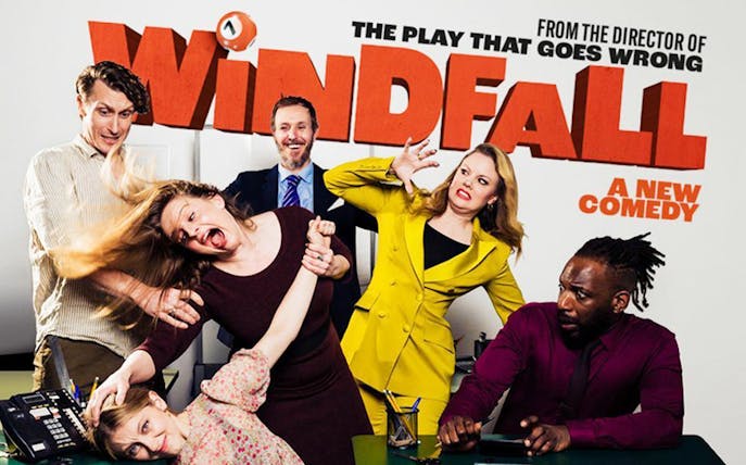 Cast of Windfall comedy play in a chaotic office scene