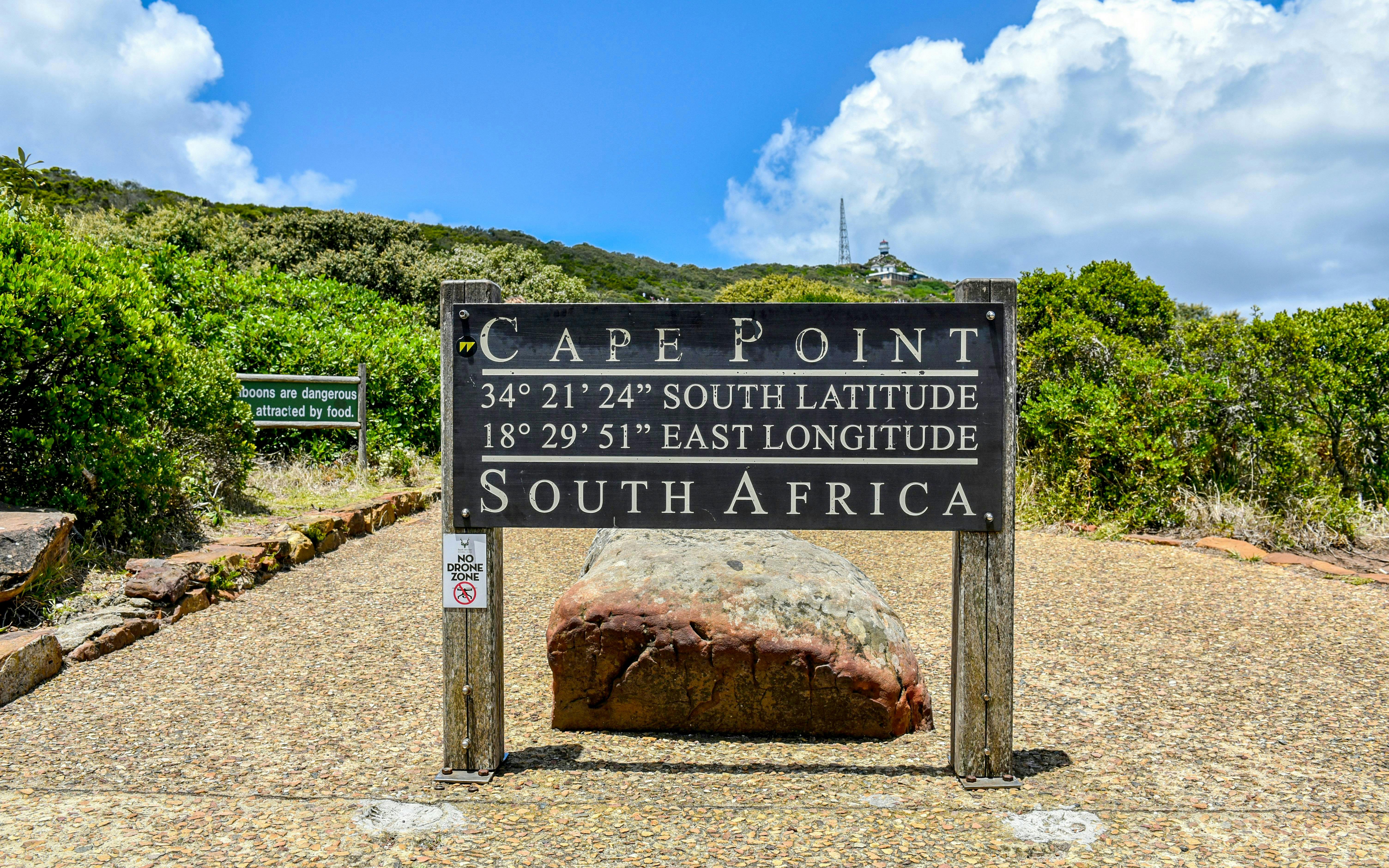 Cape Point sign with coordinates at Cape Peninsula, Cape Town, South Africa.