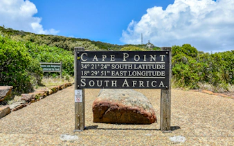 Cape Point sign with coordinates at Cape Peninsula, Cape Town, South Africa.