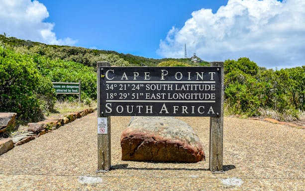 Cape Point sign with coordinates at Cape Peninsula, Cape Town, South Africa.