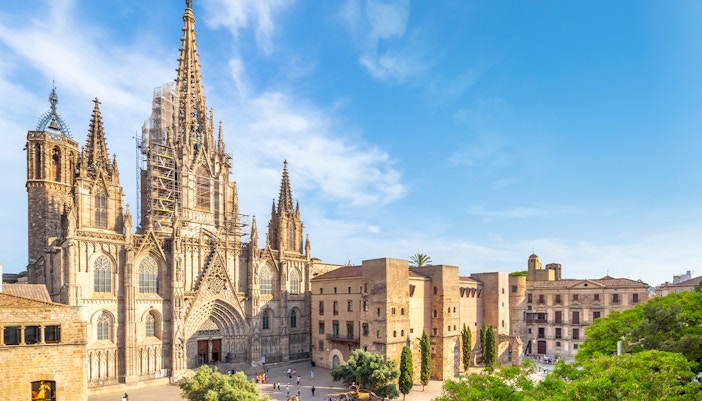 Barcelona Cathedral facade with Gothic architecture and intricate details, located in the heart of Barcelona, Spain.