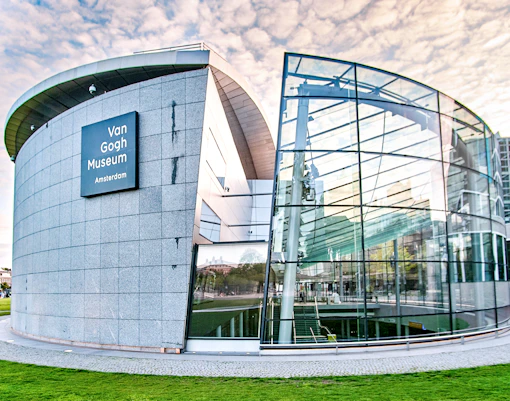 Van Gogh Museum exterior with modern glass facade in Amsterdam.