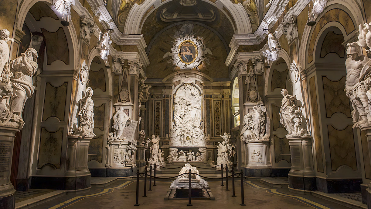 Sansevero Chapel interior with intricate marble sculptures, Naples.