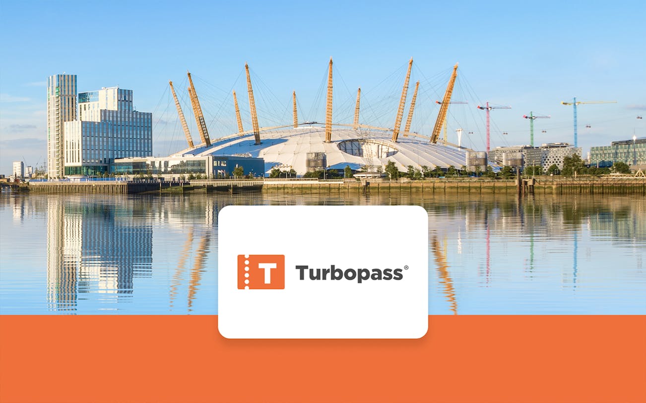 O2 Arena in London with Turbopass logo in foreground.