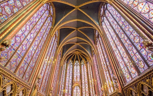 Stained glass windows and vaulted ceiling of Sainte-Chapelle, Paris.