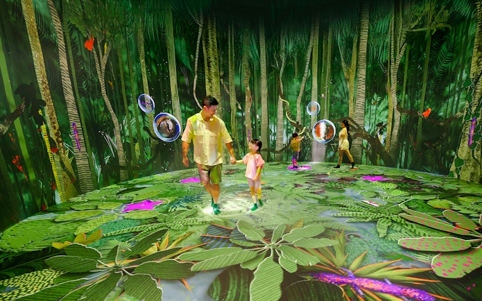Interactive forest exhibit with people exploring digital canopy projections.