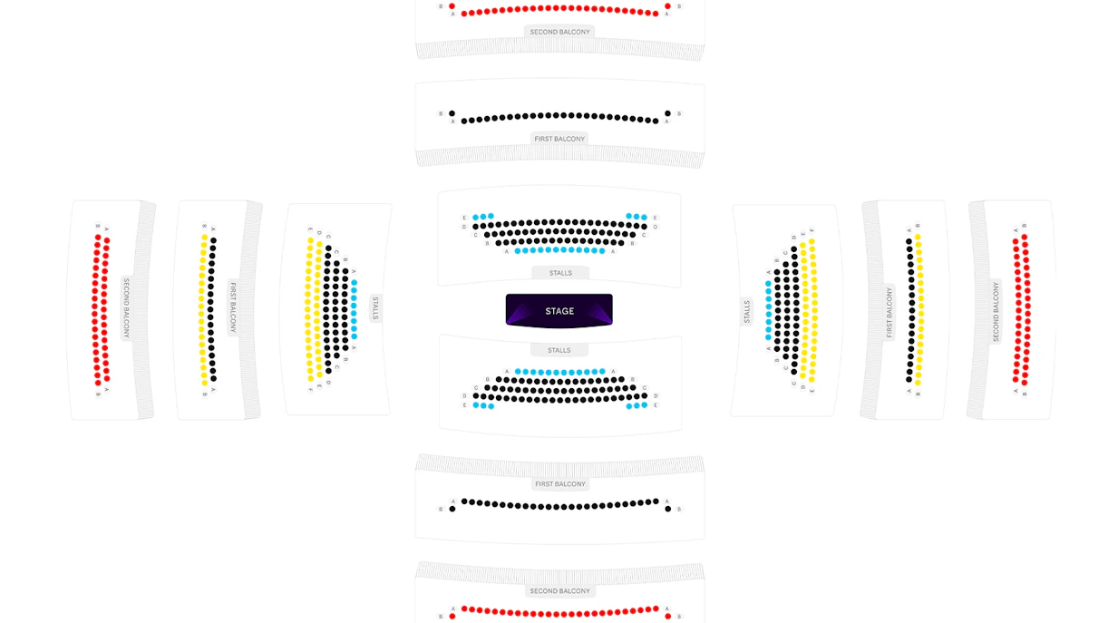 Soho Place seating map showing stalls, first and second balcony sections.