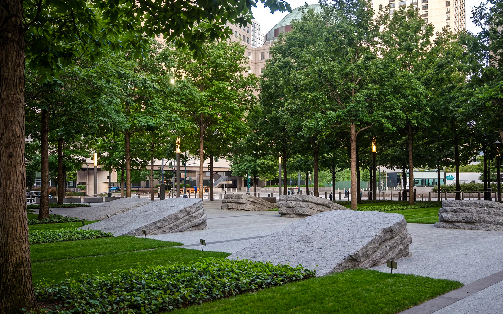 Trees and stone slabs at the 9/11 Memorial in New York City.