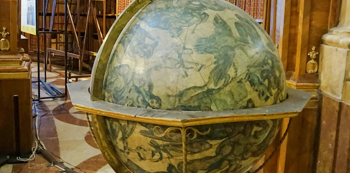 Ancient globe in the main hall of the National Austrian Library, Hofburg Palace.