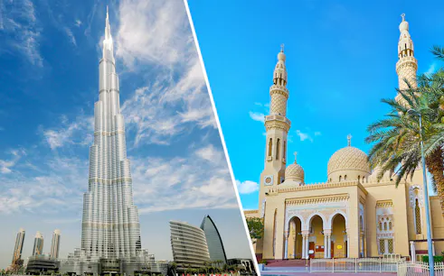 Burj Khalifa and Jumeirah Mosque in Dubai, part of city tour package.
